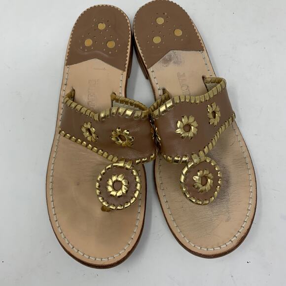 Jack Rogers Women's Size 7 Leather Pebbled Flat Sandal Open Toe Brown Gold - Picture 3 of 8